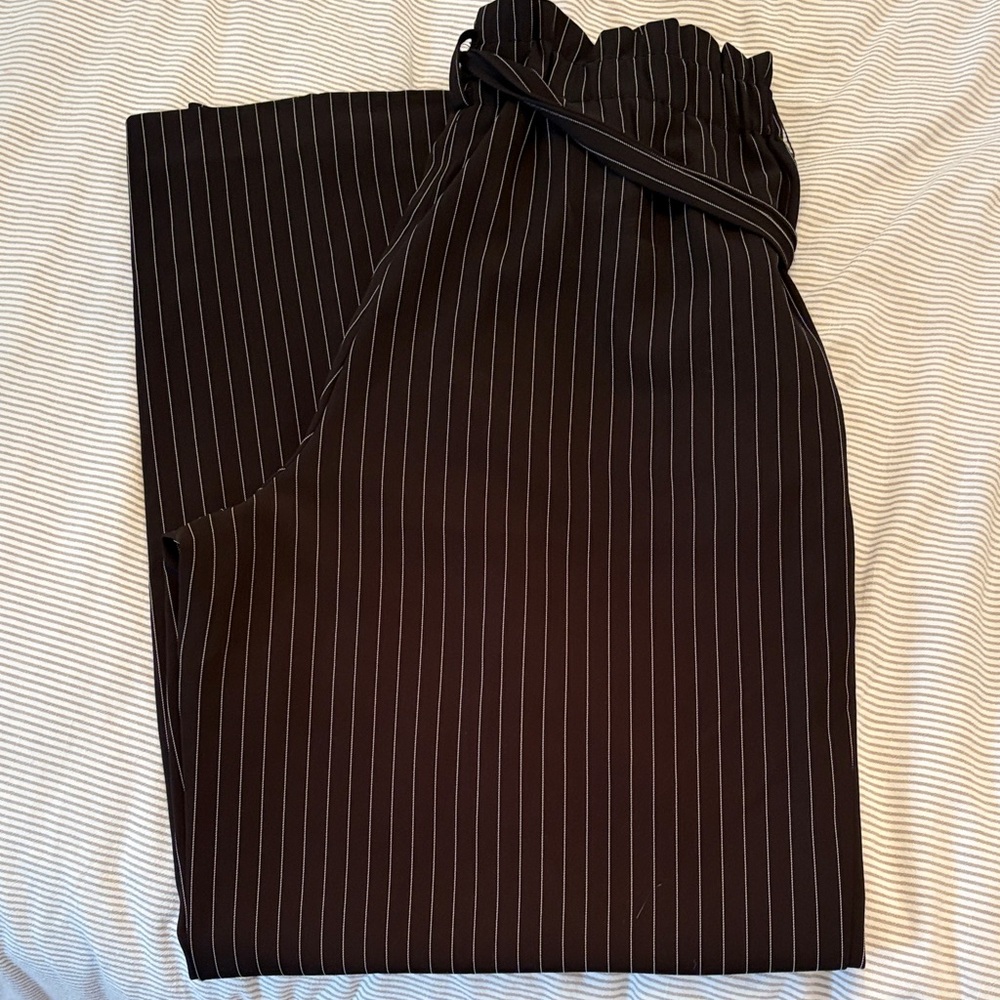Wide Leg Black Pinstripe Paperbag Waist Pants